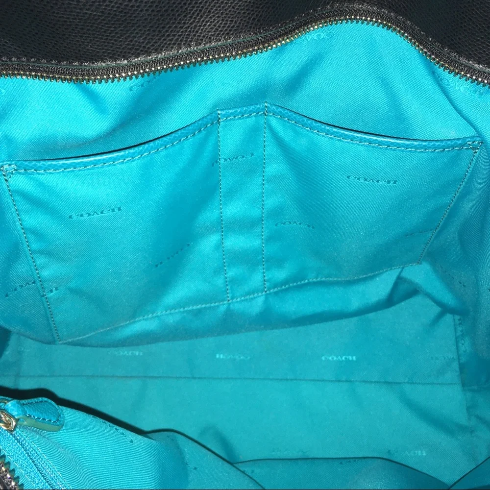 Coach Turnlock Tote bag Edgestain Leather Black Teal Turquoise L Handbag 38323 - Picture 14 of 16